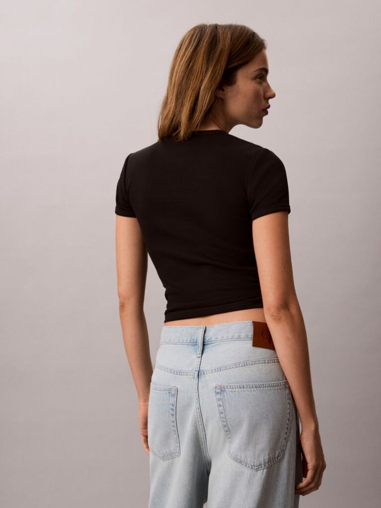 Μαύρο Ριμπ T-Shirt Με Κεντημένο Λογότυπο  Γυναίκα