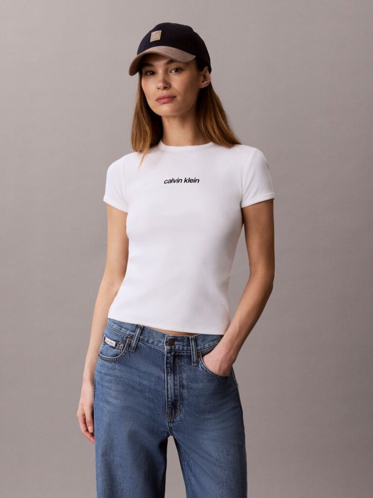 Λευκό Ριμπ T-Shirt Με Κεντημένο Λογότυπο  Γυναίκα