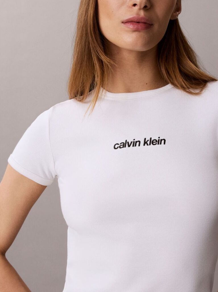 Λευκό Ριμπ T-Shirt Με Κεντημένο Λογότυπο  Γυναίκα