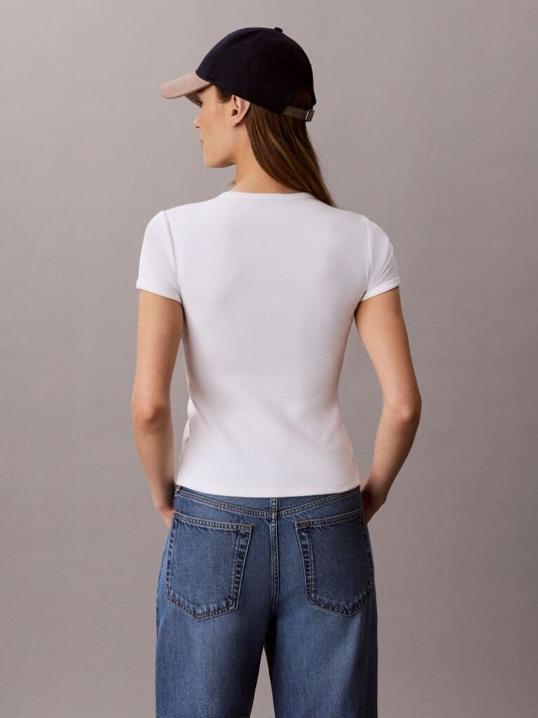 Λευκό Ριμπ T-Shirt Με Κεντημένο Λογότυπο  Γυναίκα