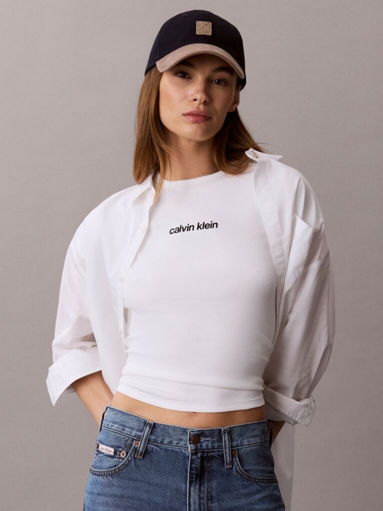Λευκό Ριμπ T-Shirt Με Κεντημένο Λογότυπο  Γυναίκα