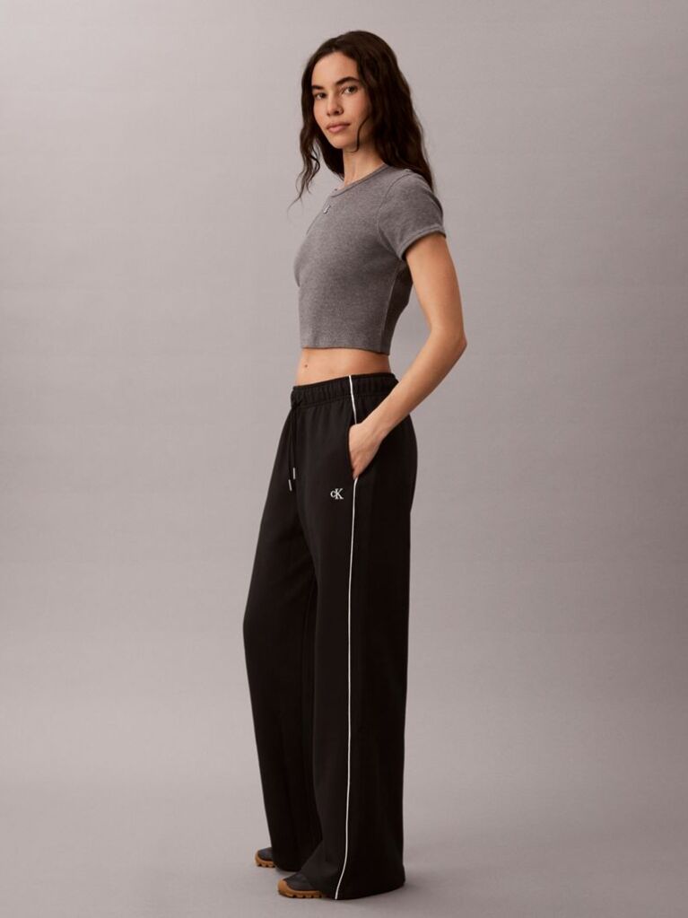 Black Monogram Embroidery Contrast Piping Terry Joggers  Women