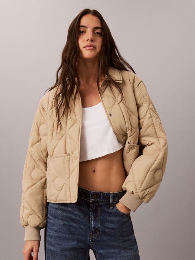 Beige Print Lightweight Short Quilted Liner Jacket  Women