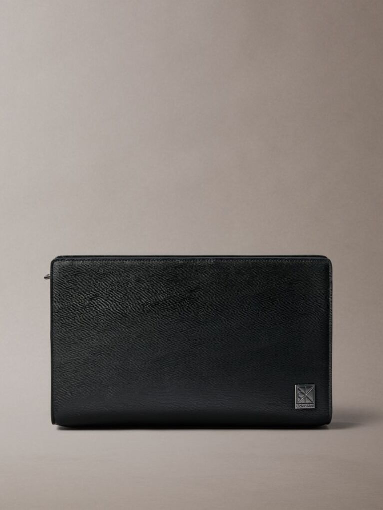 Black Saffiano Emblem Zip Pouch with Handle  Men