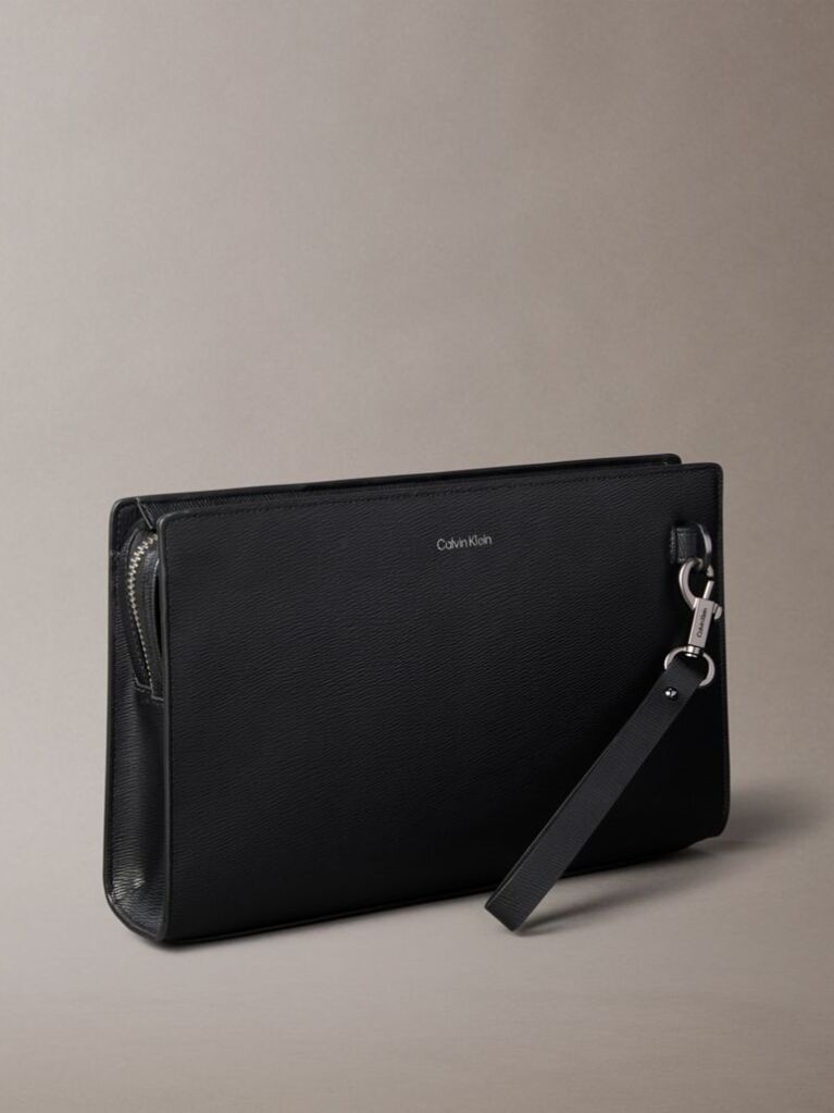 Black Saffiano Emblem Zip Pouch with Handle  Men