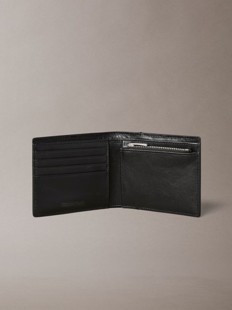 Black Leather Logo Graphic Coin Pocket Wallet  Men