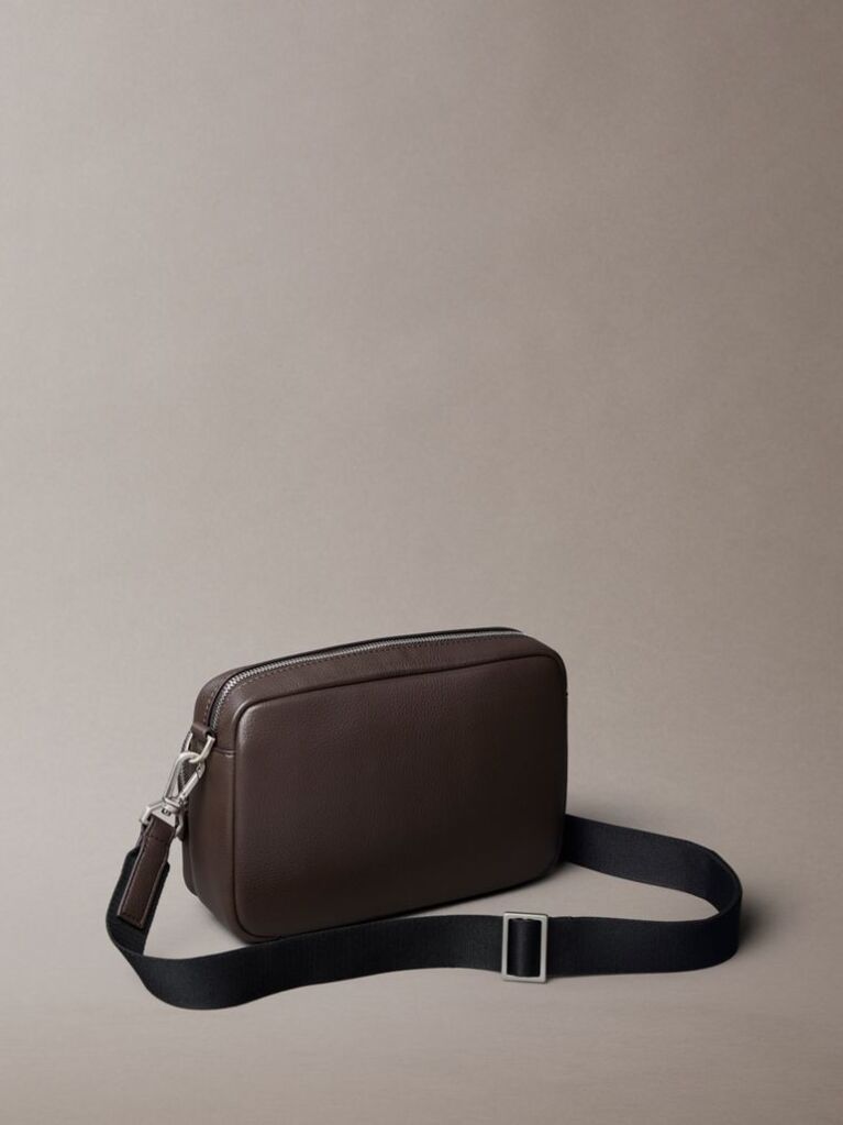 Brown Logo Pebbled Crossbody Camera Bag  Men