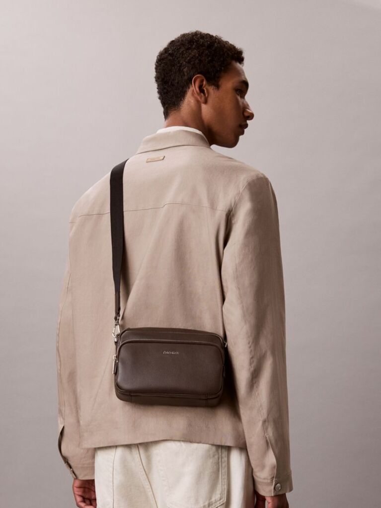 Brown Logo Pebbled Crossbody Camera Bag  Men