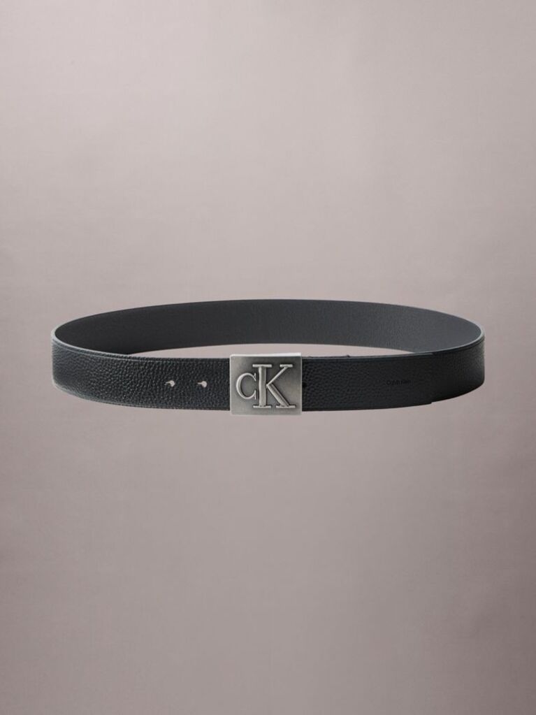 Μαύρο Δερμάτινη Ζώνη Pebble Grain Με Πλακέτα Monogram  Άνδρας