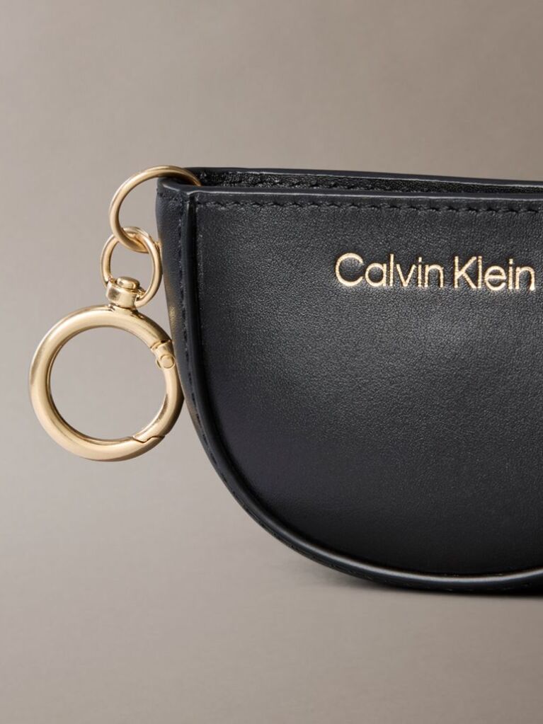 Black Leather Logo Mini Zip Pouch Bag Charm  Women