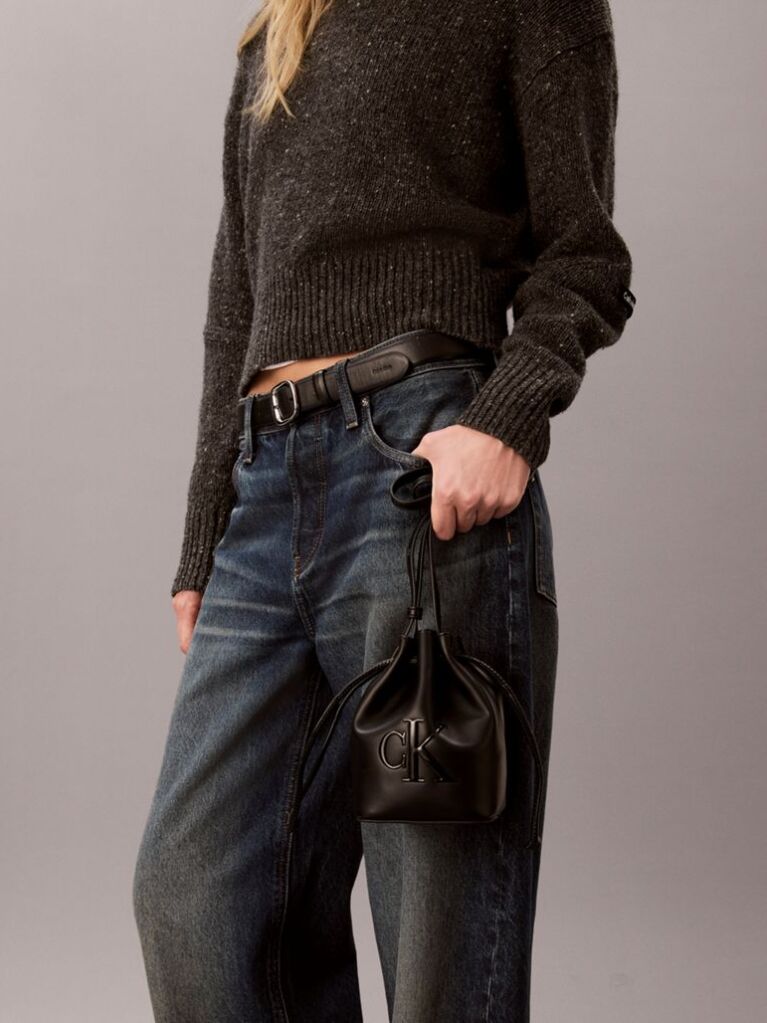 Black Monogram Crossbody Drawstring Bucket Bag  Women
