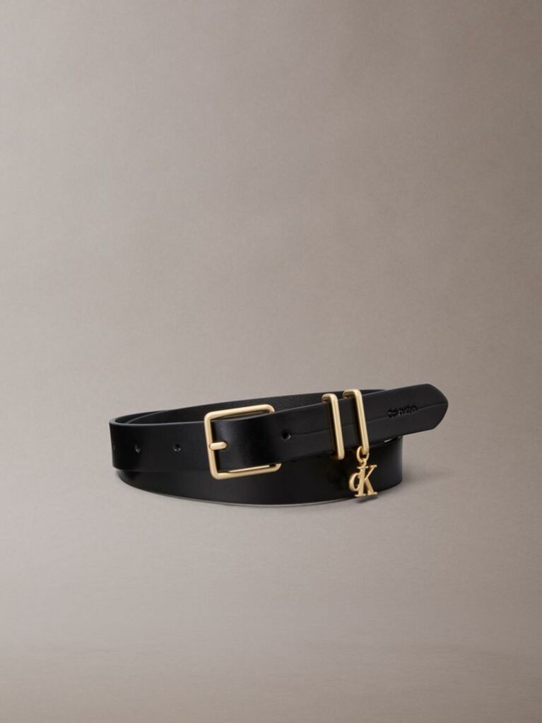 Black Leather Signature Logo Charm Belt  Women