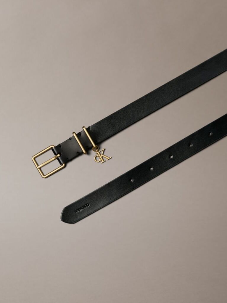 Black Leather Signature Logo Charm Belt  Women