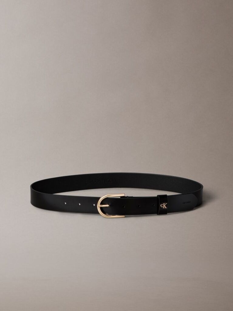 Black Leather Monogram Plaque Rounded Buckle Belt  Women