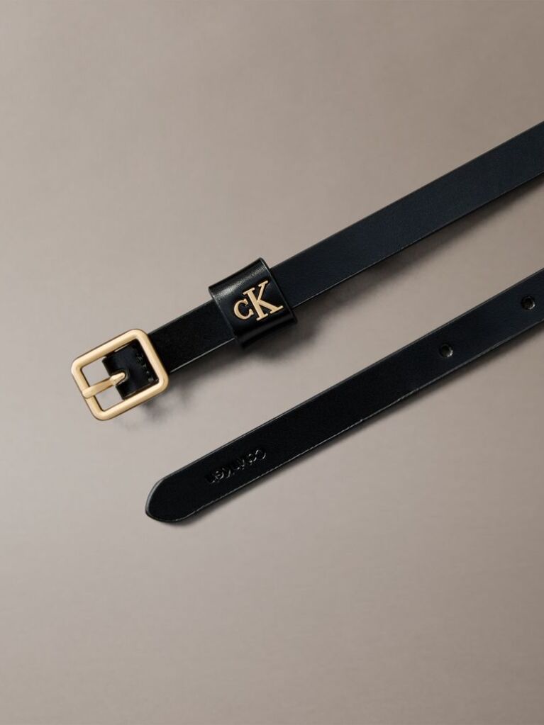 Black Leather Monogram Plaque Square Buckle Belt  Women