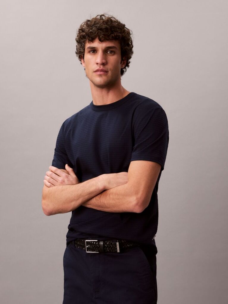 Blue Textured Stripe Crew Neck T-Shirt  Men
