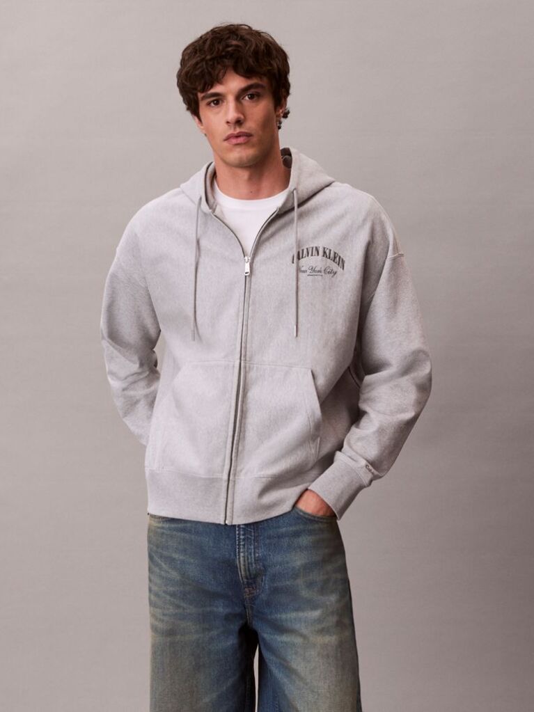 Γκρι Hoodie Με Φερμουάρ Και Varsity Λογότυπο  Άνδρας