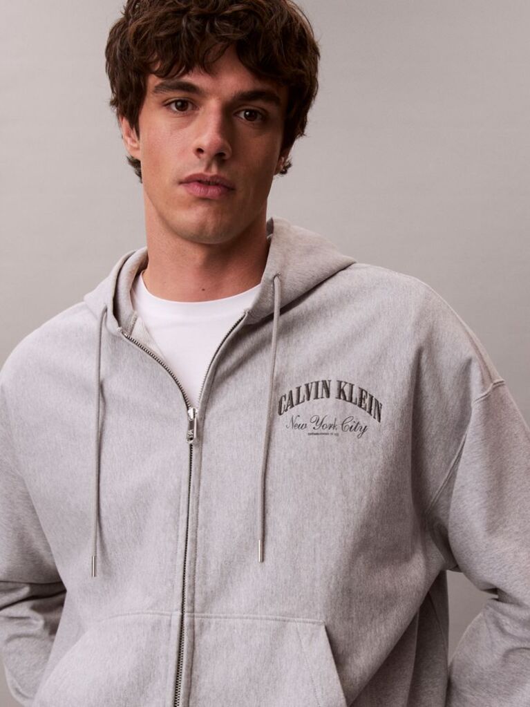 Γκρι Hoodie Με Φερμουάρ Και Varsity Λογότυπο  Άνδρας