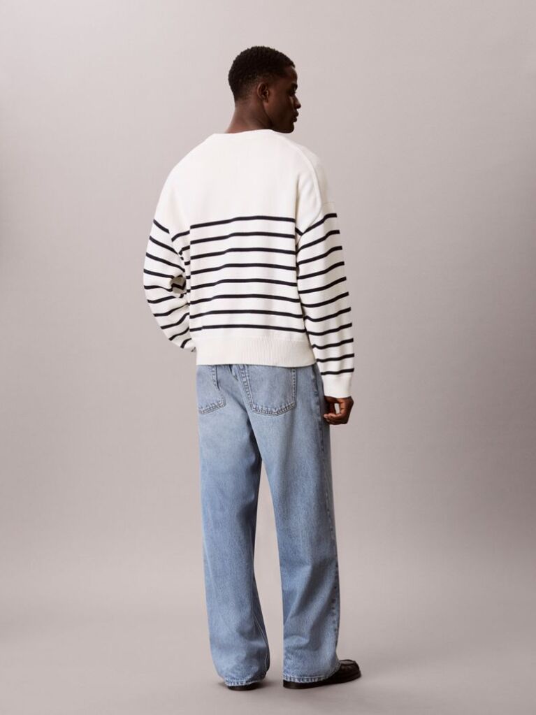 White Relaxed Cotton Stripe Jumper  Men