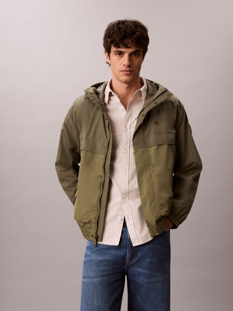 Green Hooded Nylon Windbreaker Jacket  Men