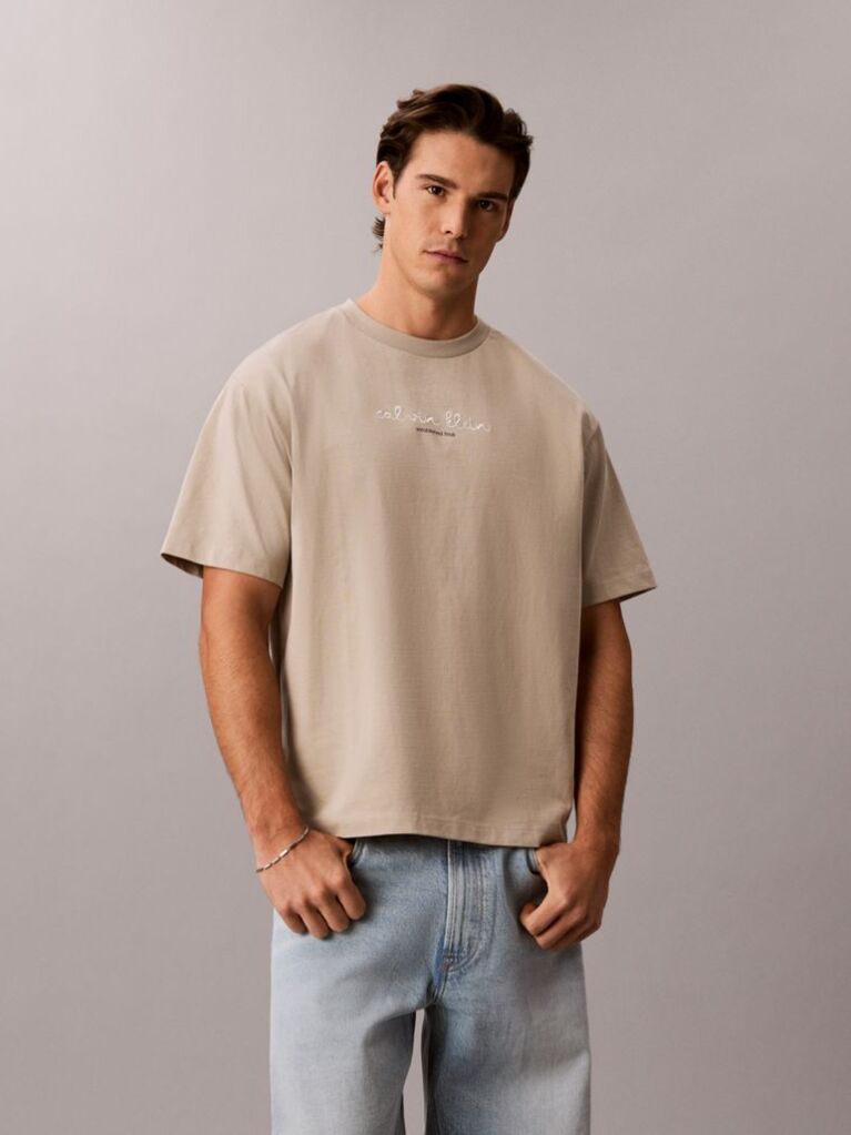 Beige Logo Graphic Crew Neck T-Shirt  Men