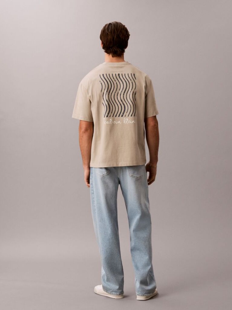 Beige Logo Graphic Crew Neck T-Shirt  Men
