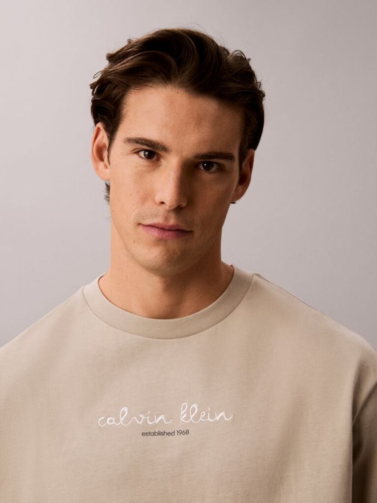 Beige Logo Graphic Crew Neck T-Shirt  Men