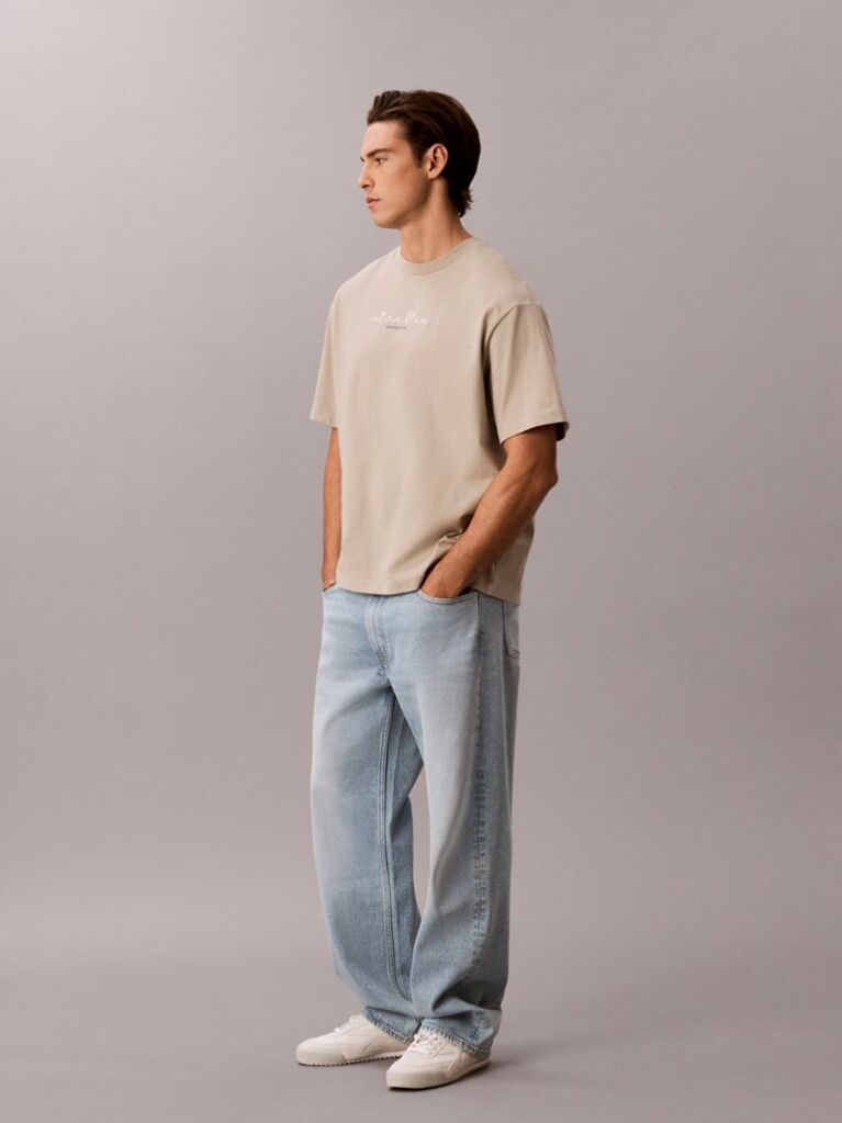 Beige Logo Graphic Crew Neck T-Shirt  Men
