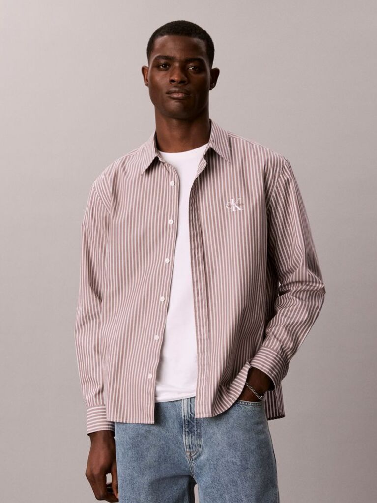 Brown Relaxed Fit Stripe Washed Poplin Shirt  Men