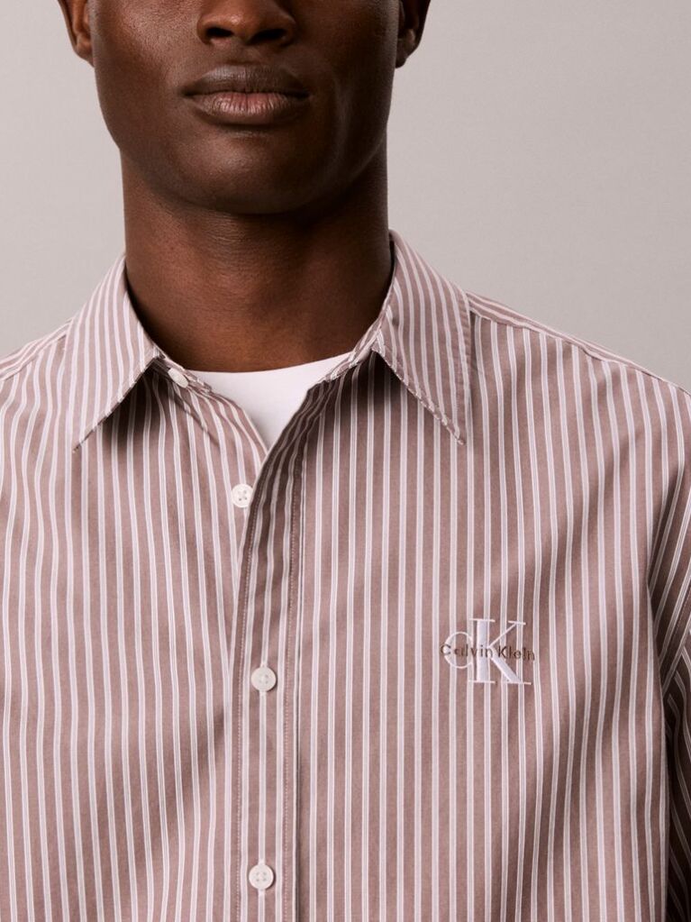 Brown Relaxed Fit Stripe Washed Poplin Shirt  Men