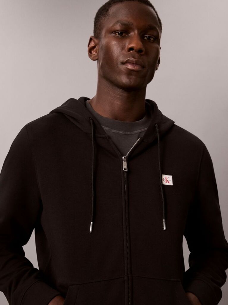 Black Sueded Terry Zip-Thru Drawstring Hoodie  Men