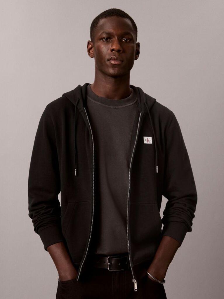 Black Sueded Terry Zip-Thru Drawstring Hoodie  Men