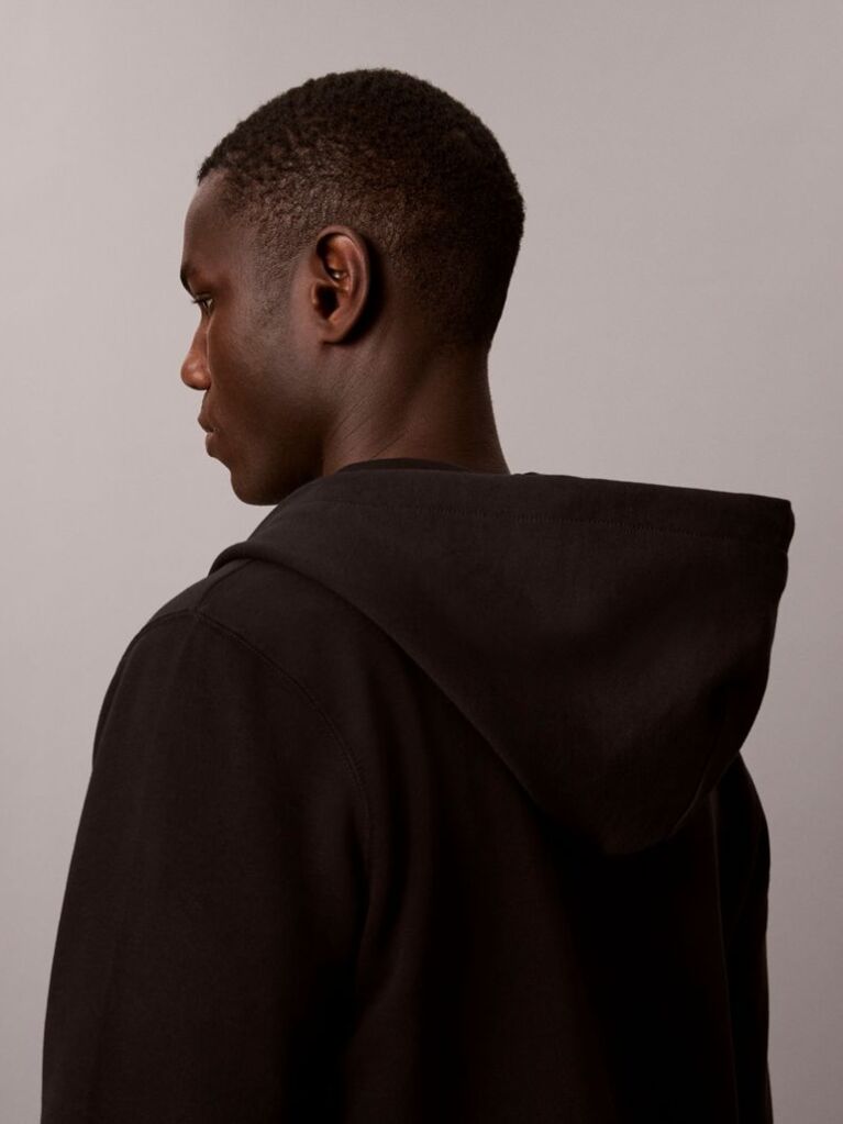 Black Sueded Terry Zip-Thru Drawstring Hoodie  Men