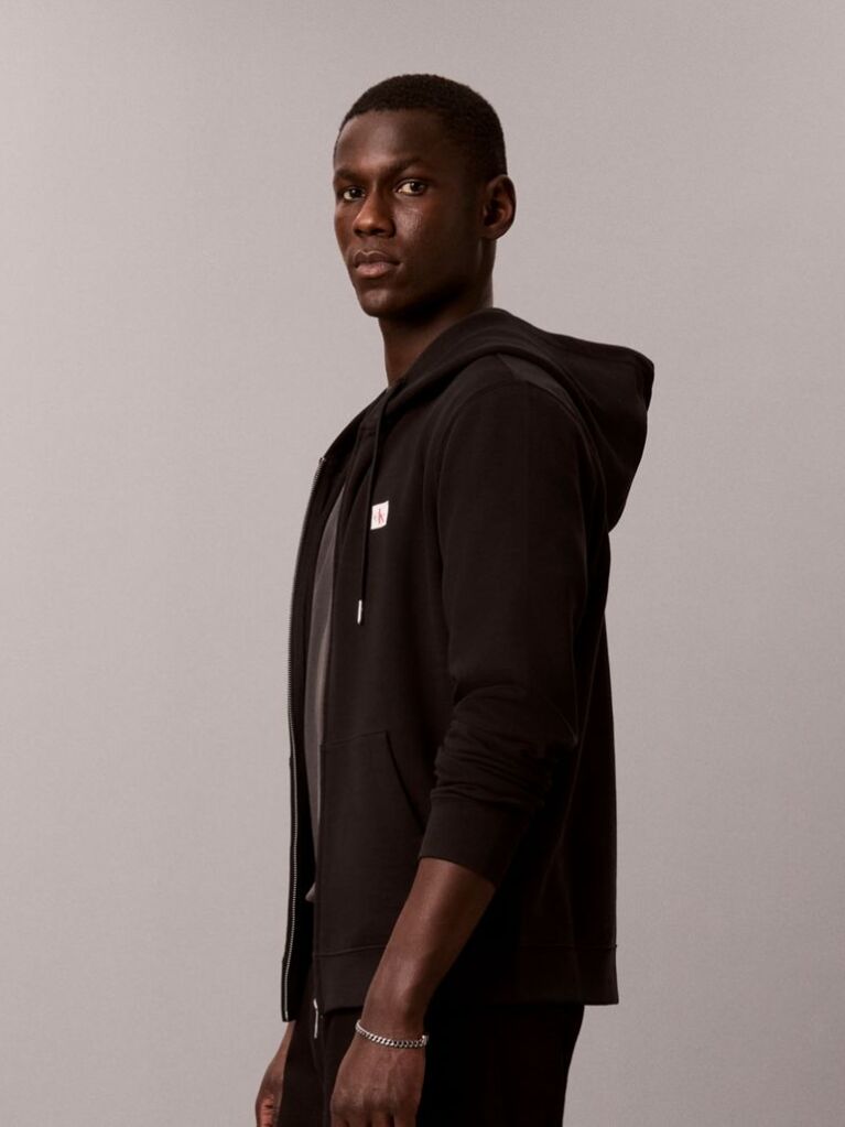 Black Sueded Terry Zip-Thru Drawstring Hoodie  Men
