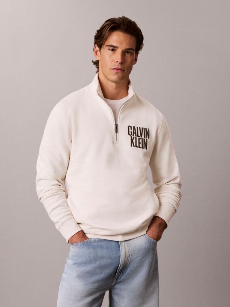 White Logo Embroidery Fleece Quarter-Zip Jumper  Men