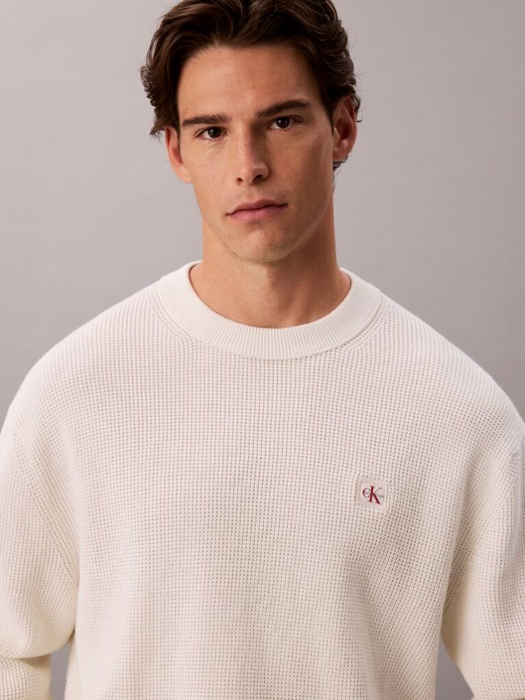 White Waffle Knit Crew Neck Jumper  Men
