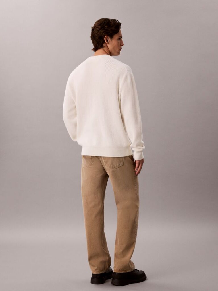 White Waffle Knit Crew Neck Jumper  Men