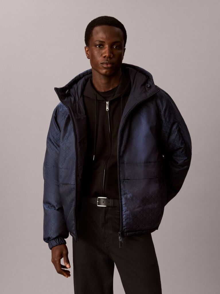 Blue Emblem Print Down Hooded Reversible Puffer Jacket  Men