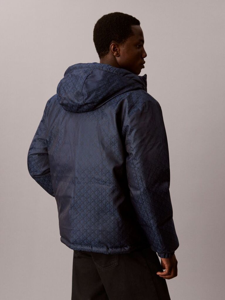 Blue Emblem Print Down Hooded Reversible Puffer Jacket  Men