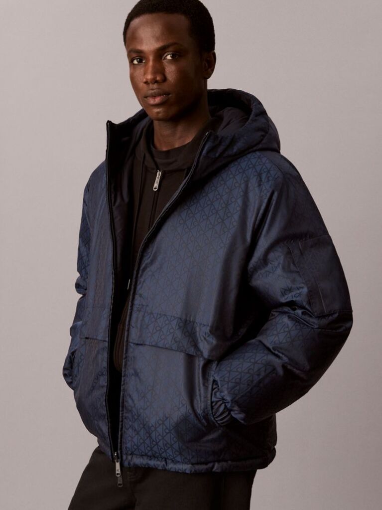 Blue Emblem Print Down Hooded Reversible Puffer Jacket  Men
