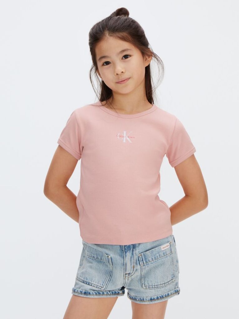 Pink Ribbed Logo Tee  Girls
