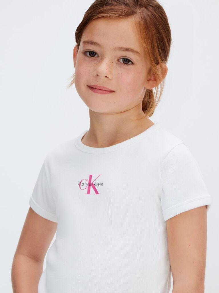 White Ribbed Logo Tee  Girls