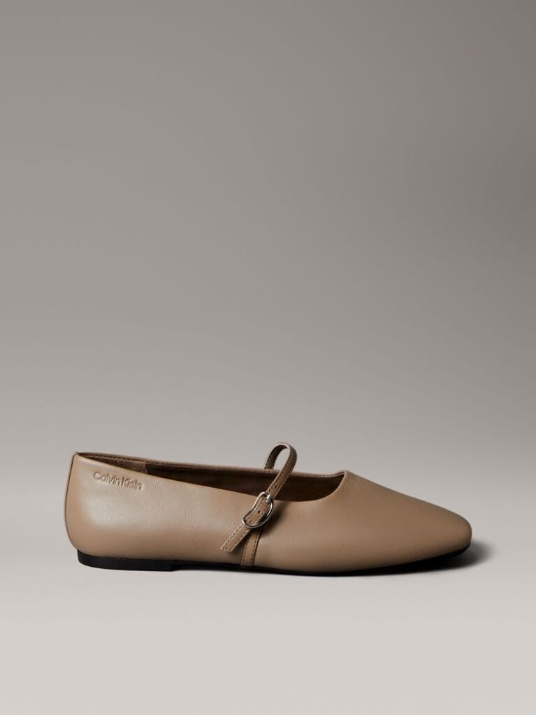 Beige Leather Square Toe Ballerinas  Women