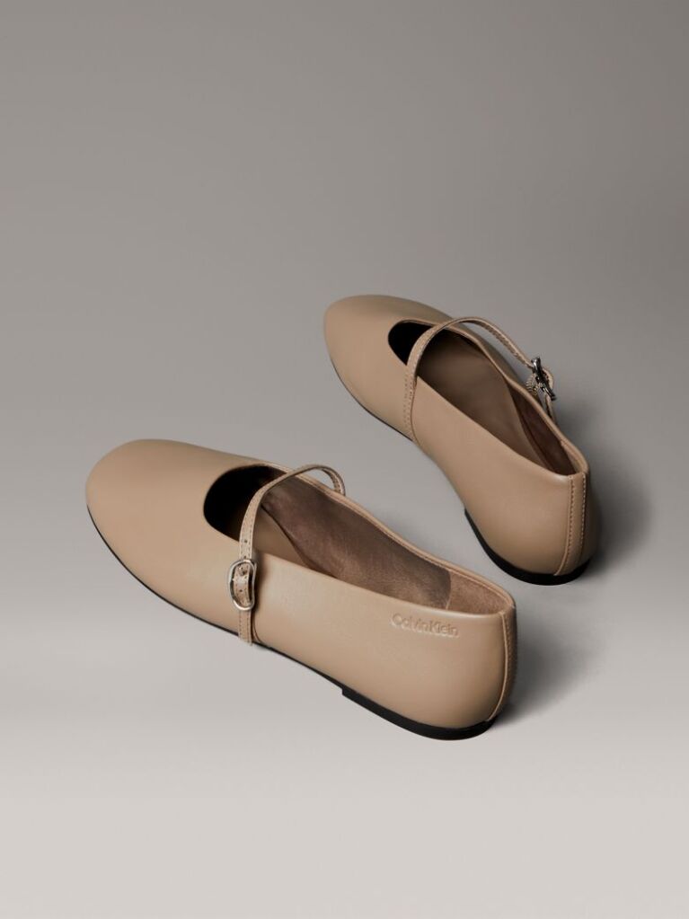 Beige Leather Square Toe Ballerinas  Women