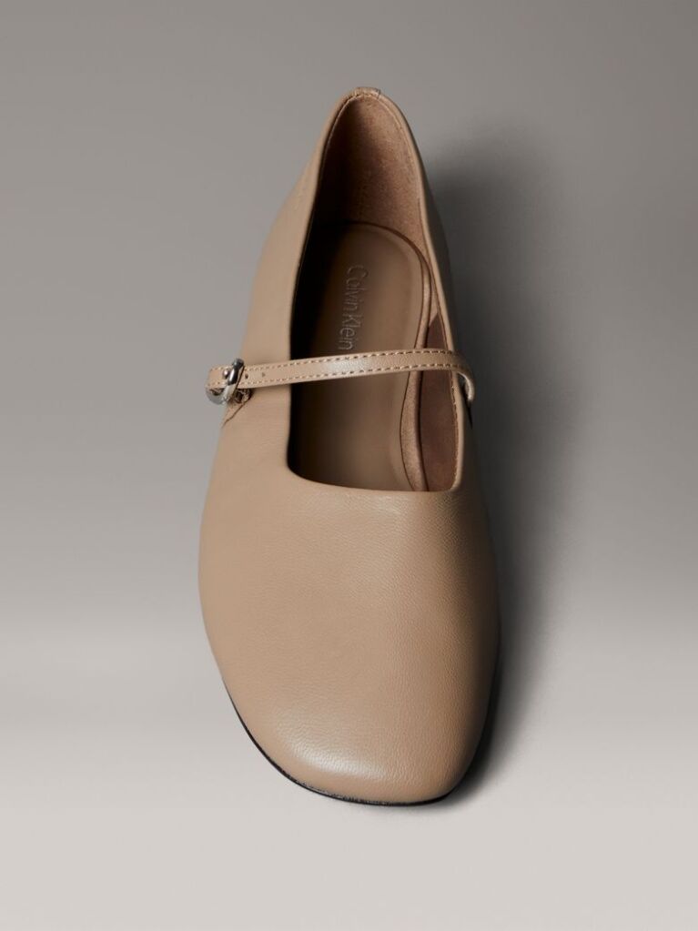 Beige Leather Square Toe Ballerinas  Women
