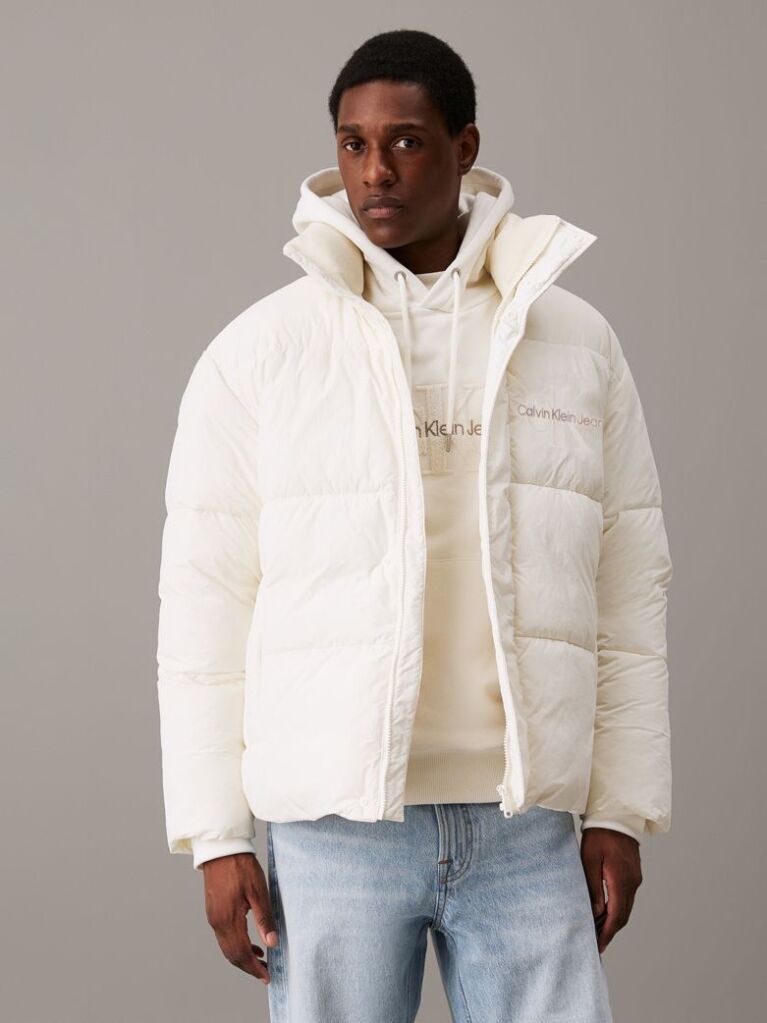 White Oversized Chenille Logo Puffer Jacket  Men