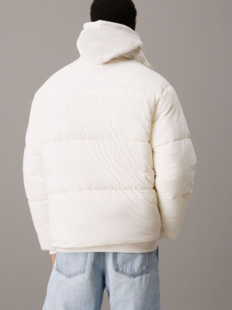 White Oversized Chenille Logo Puffer Jacket  Men