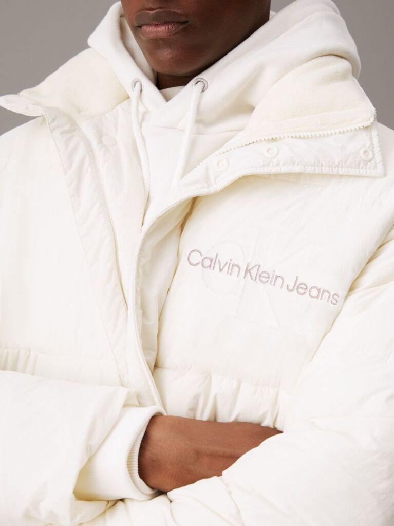 White Oversized Chenille Logo Puffer Jacket  Men