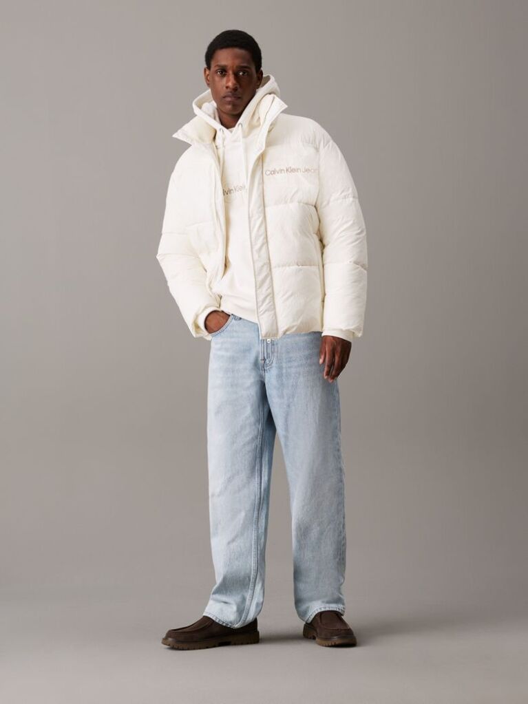 White Oversized Chenille Logo Puffer Jacket  Men