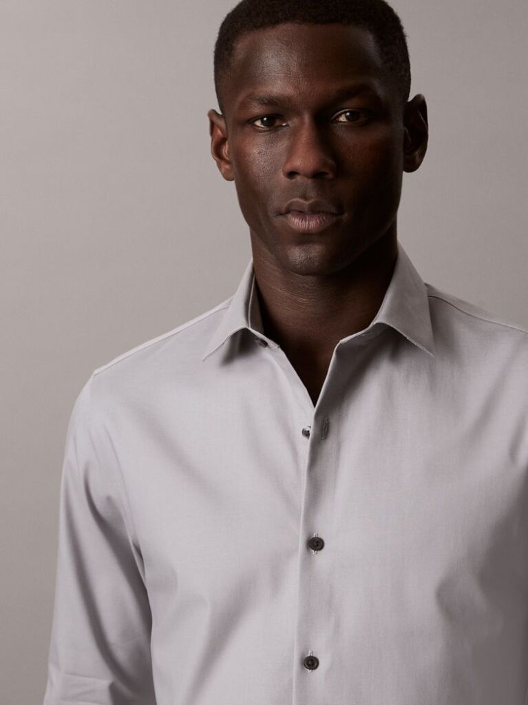 Grey Slim Fit Stretch Twill Shirt  Men